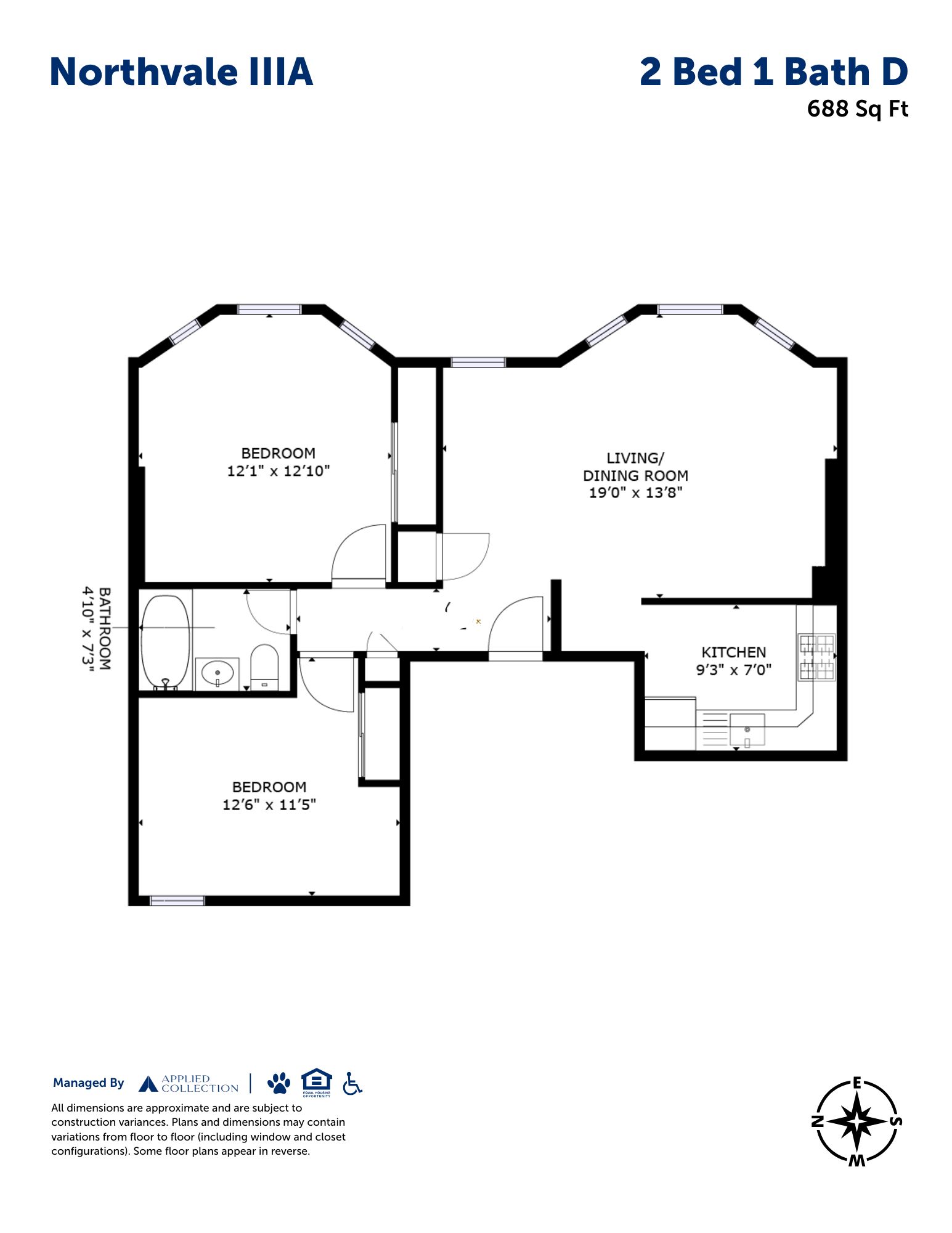 Floor plan for 2 beds, 1 bath, 688 sqft